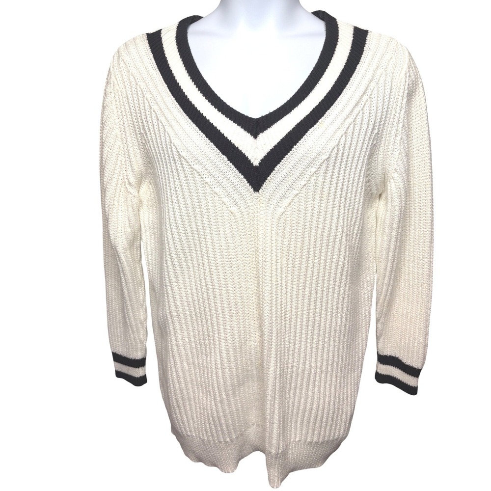 SUSAN GRAVER Womens White/Black V-Neck Ribbed Sweater 1X Preppy Varsity Classic